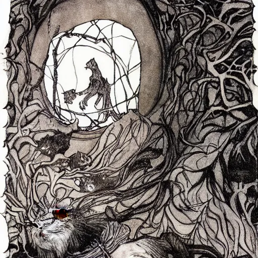 Image similar to cat from the void, illustrations by irish fairy tales james stephens arthur rackham, fairy tale illustrations, full colour, top cinematic lighting , cinematic mood, very detailed, shot in canon,