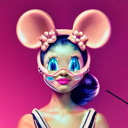 Prompt: Futuristic portrait of cyber Minnie Mouse, pastel colours, highly detailed face, digital art by Antoni Tudisco