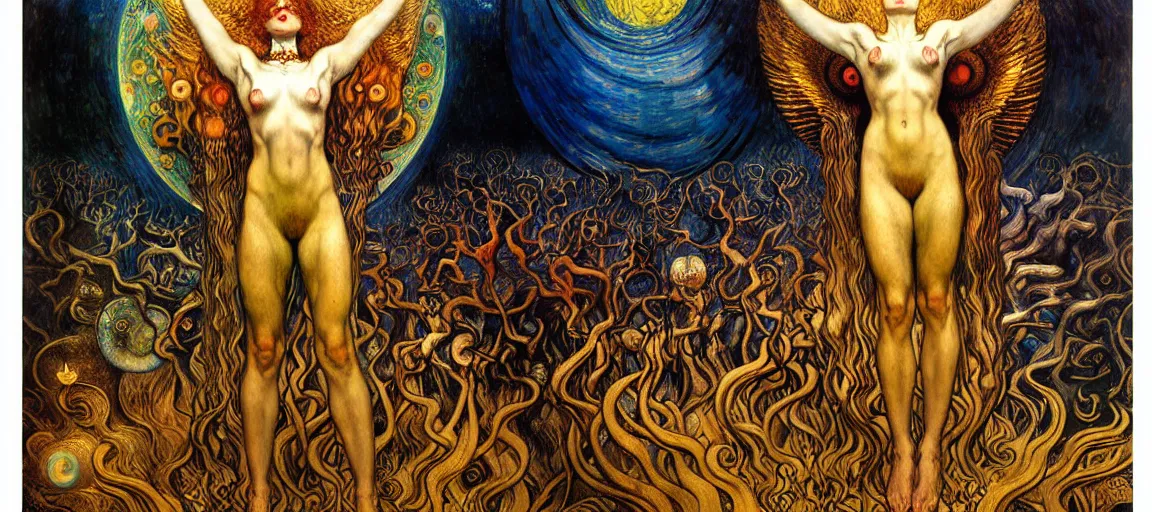 Image similar to Divine Chaos Engine by Karol Bak, Jean Delville, William Blake, Gustav Klimt, and Vincent Van Gogh, symbolist, visionary