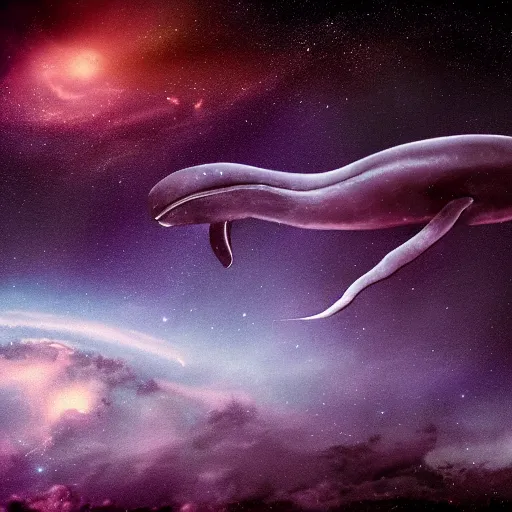 Prompt: close up portrait of space whale on a dark night sky in space, flying across the universe, oniric, dreamy, beautiful, highly detailed, realistic, cinematic, dynamic composition