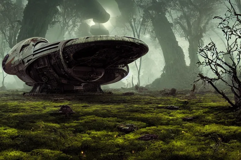 Image similar to derelict spaceship on an alien world, hyper detailed, overgrown with moss, rusty metal, cinematic lighting