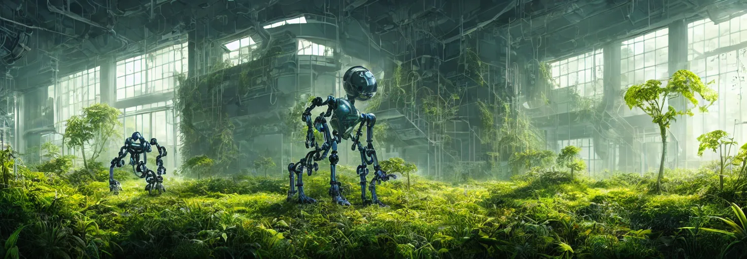 Image similar to brightly sunlit partially overgrown with plants and recently abandoned chemistry scientific laboratory from the distant future staffed by one dysfunctional dilapidated multiarmed bipedal robot, science fiction industrial hard science concept art, 8K render octane high definition cgsociety