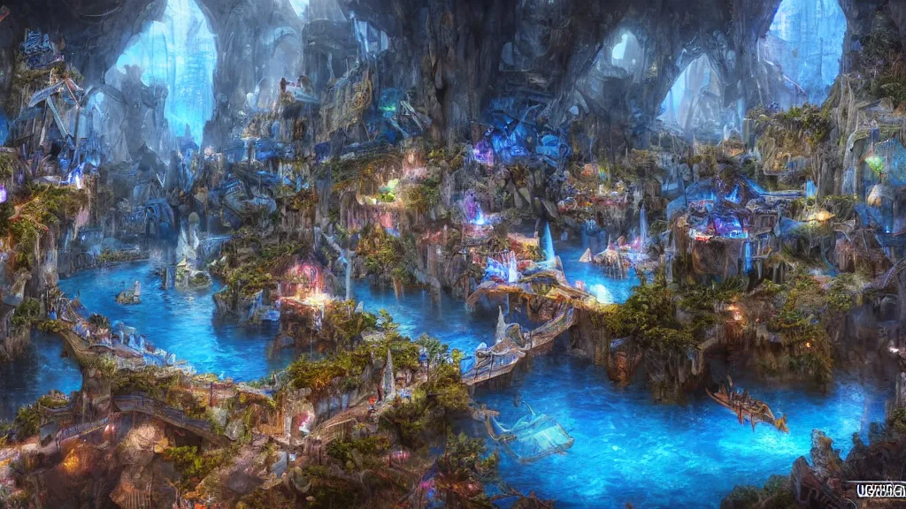 Image similar to underground city, blue lake, fantasy artwork, very very very beautiful scenery, hd, hdr, ue5, ue6, unreal engine 5, cinematic 4k wallpaper, 8k, ultra detailed, high resolution, artstation, award winning