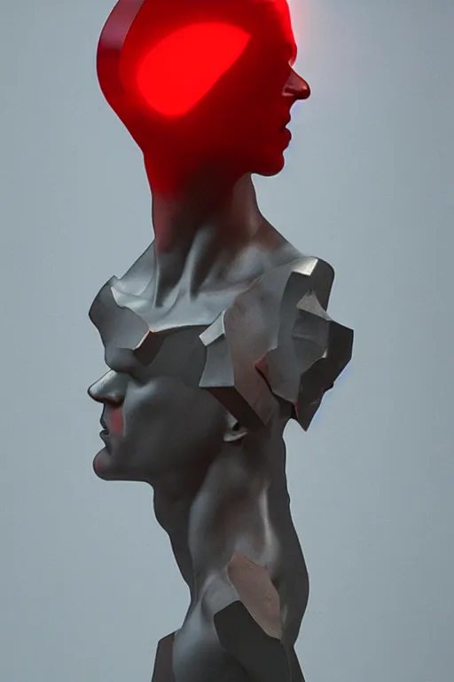 Prompt: realistic 8k Roberto Ferri Sculpture of random jagged reflective metal pieces forming the shape of a person silhouetted by a bright red sun, volumetric god rays, glinting metal, neon colors, cyberpunk, smooth, sharp focus, 24mm lens, DOF, hyper realistic, art by Greg Rutkowski and Ruan Jia and Giger