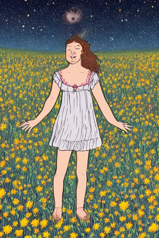 Image similar to illustration of a girl standing in a field of wild flowers gazing up to stars and milkyway, foreshortening