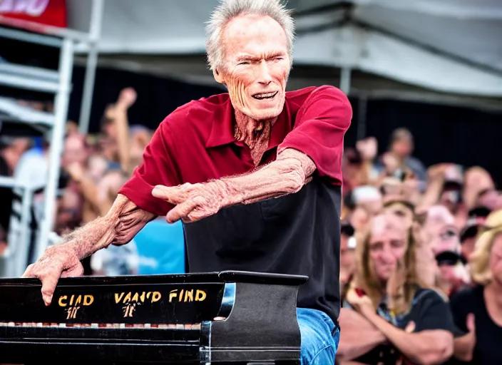 Image similar to photo still of clint eastwood on stage at vans warped tour!!!!!!!! at age 6 8 years old 6 8 years of age!!!!!!!! playing a piano on fire, 8 k, 8 5 mm f 1. 8, studio lighting, rim light, right side key light