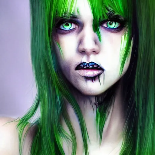 Image similar to photorealistic portrait of beautiful zombie girl, black hair, blue eyes, smooth face, perfect eyes, half body shot, elegant, realistic, glowing skin, detailed face, green colours, sharp focus