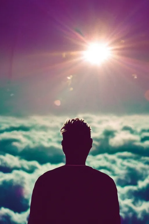 Image similar to agfa vista 4 0 0 photograph of a guy floating in the clouds, back view, synth vibe, vaporwave colors, lens flare, moody lighting, moody vibe, telephoto, 9 0 s vibe, blurry background, grain, tranquil, calm, faded!,