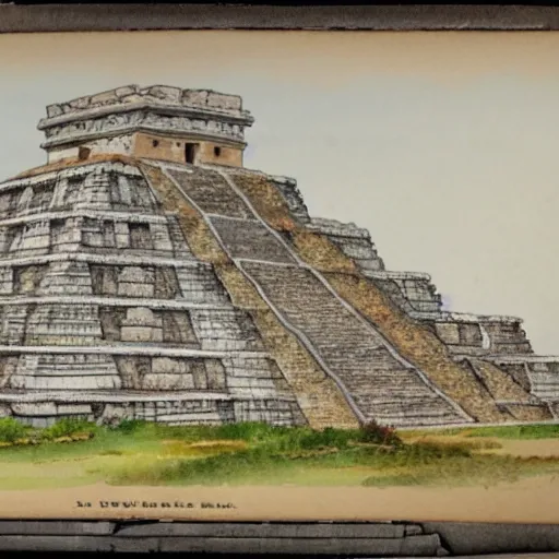 Image similar to detailed 1 9 th century architectural watercolor of ornate monumental mayan ruins