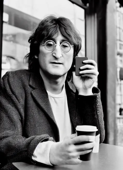 Image similar to john lennon sitting inside a starbucks and taking a picture of his drink cup with his iphone 1 2, black and white photo, real, photorealistic