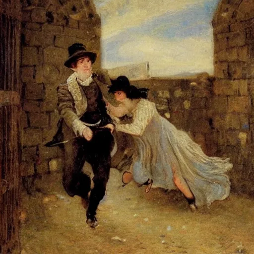 Prompt: young victorian man and woman escaping a dungeon, by alfred stevens