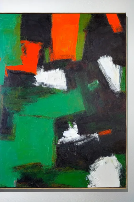 Prompt: an abstract expressionist painting with big broad strokes very energetic, colors are emerald green, vermillion, gray white and black