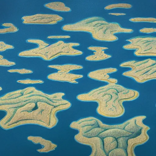 Image similar to The print shows a group of flying islands, each with its own unique landscape, floating in the night sky. The islands are connected by a network of bridges, and a small group of people can be seen walking along one of the bridges. by Ub Iwerks, by Rebeca Saray, by Judy Chicago balmy, monumental