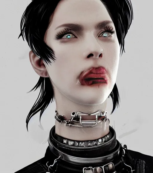 Image similar to detailed realistic female character cyberpunk wearing thick steel collar around neck, realistic, art, beautiful, 4K, collar, choker, collar around neck, punk, artstation, detailed, female, woman, choker, cyberpunk, neon, punk, collar, choker, collar around neck, thick collar, tight around neck, punk,