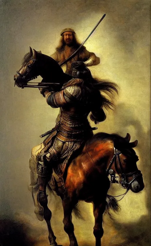 Prompt: backlight on muscular horse as barbarian hunter full body ,human legs ,very textured detailed oil painting by rembrandt