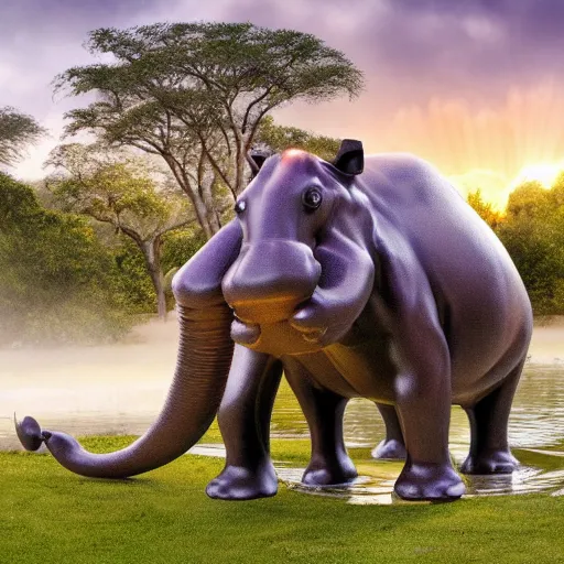 Prompt: big sir is a sexy hippo / elephant hybrid monster lounging in an idyllic hot spring with sun rays coming through the trees