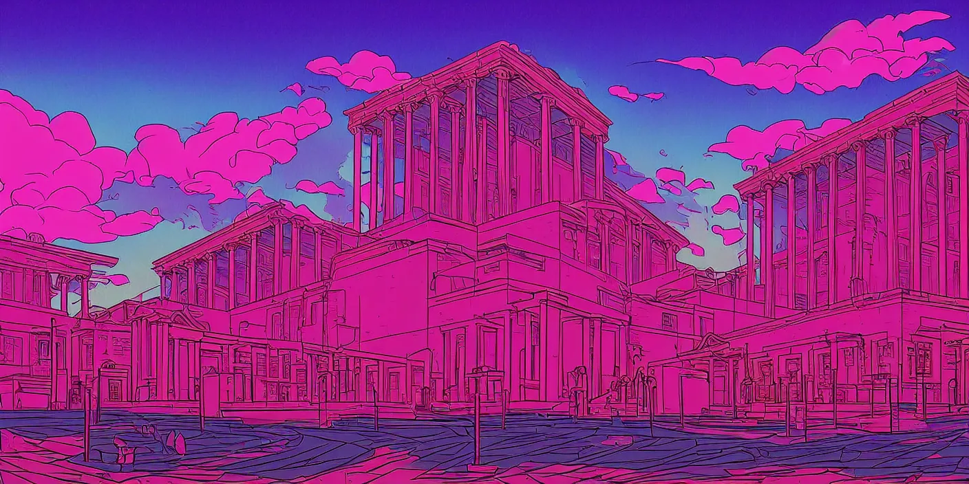 Prompt: the school of athenes paiting in synthwave style