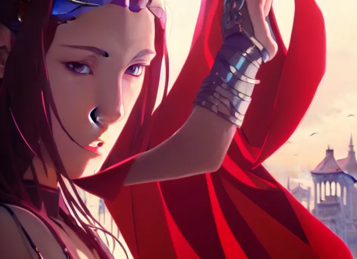 Prompt: a film still portrait of a confident sorcerer dieselpunk diesel scarlet witch, finely detailed features, closeup at the faces, perfect art, at an ancient city, gapmoe yandere grimdark, trending on pixiv fanbox, painted by greg rutkowski makoto shinkai takashi takeuchi studio ghibli, akihiko yoshida.