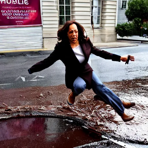 Prompt: kamala harris falling off a bicycle into a puddle of chocolate