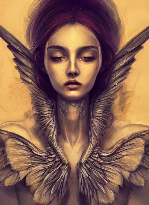 Image similar to Beautiful female angel, digital Art, trending on Artstation, dramatic lighting, face symmetry, intricate wings