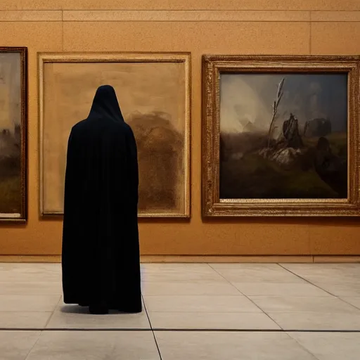 Prompt: the grim reaper standing stoic in black robe, waiting patiently, in a museum with paintings and people, perfect composition, by mike winkelmann, joel sternfeld,