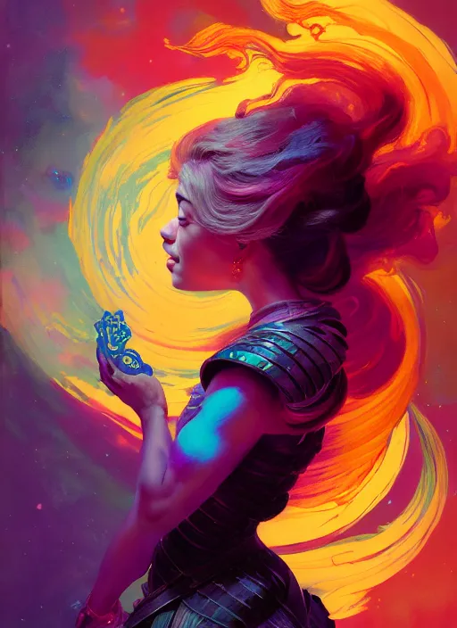 Image similar to side portrait, imogen poots, paladin, fantasy, gloomhaven, luminescent, tarot, organic painting, colorful swirly ripples, gaudy colors, by greg manchess, huang guangjian, gil elvgren, sachin teng, greg rutkowski, jesper ejsing, ilya kuvshinov