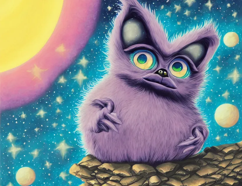 Image similar to the elder furby ruling over celestial bodies. this gouache painting by the award - winning mangaka has dramatic lighting, an interesting color scheme and intricate details.