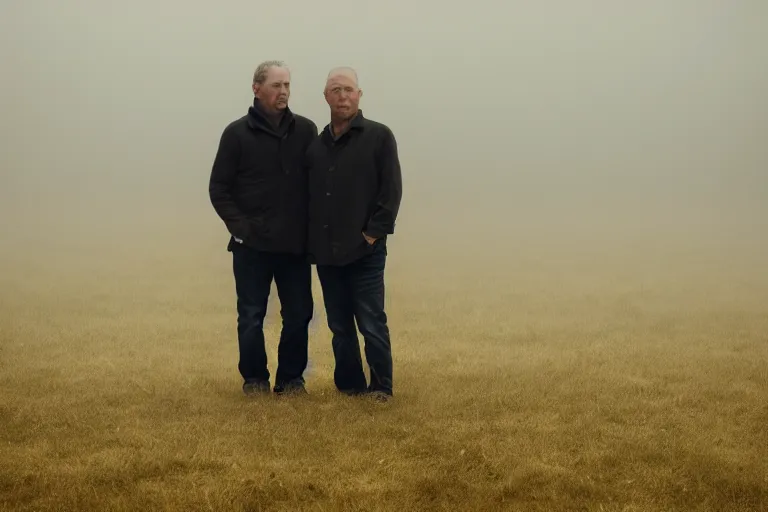Prompt: a cinematic headshot portrait of a pair of twin middle aged males stood in a fog filled field, ultra realistic, depth, beautiful lighting
