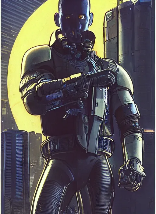 Prompt: jeff bezos as a menacing cyberpunk mercenary with robotic blade arms wearing a military vest and jumpsuit. dystopian. portrait by stonehouse and mœbius and will eisner and gil elvgren and pixar. realistic proportions. cyberpunk 2 0 7 7, apex, blade runner 2 0 4 9 concept art. cel shading. attractive face. thick lines.