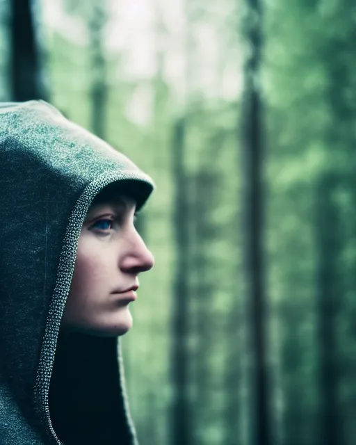 Prompt: an extremely detailed masterpiece portrait of a beautiful dark hooded nordic female out of focus spaceship technology in background, 3 5 mm, cinematic shot, photorealistic, depth of field