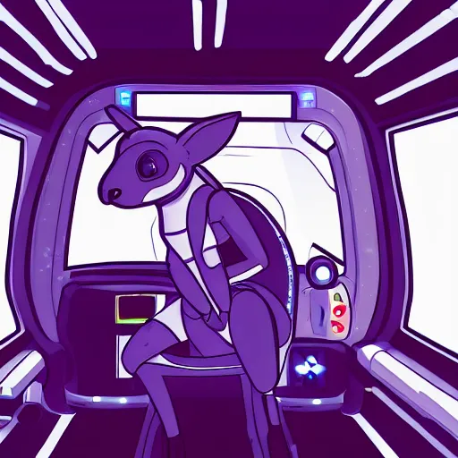 Image similar to an anthropomorphic kangaroo in a spaceship, interior photo, anime style, futuristic, cell shading high resolution