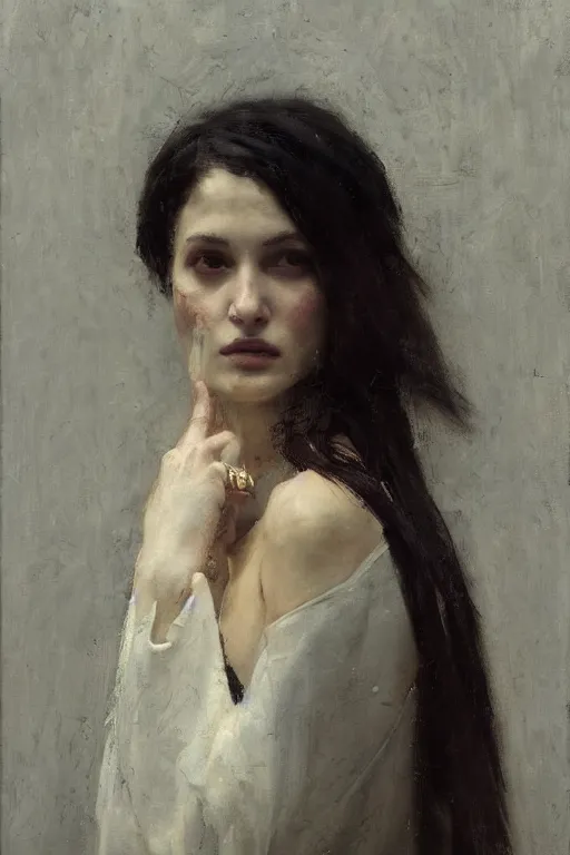 Image similar to Richard Schmid and Jeremy Lipking and Roberto Ferri full length portrait painting of a young beautiful priestess woman