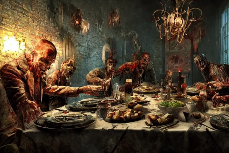 Prompt: the most amazing dream you ever had about zombies christmas dinner, hyper realistic, ambient lighting, concept art, intricate, hyper detailed, smooth, dynamic volumetric lighting, octane, cinematic