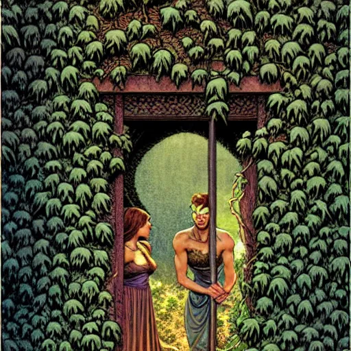 Image similar to Fantasy illustration by Clyde Caldwell Black, thorned ivy covers the walls for thirty feet east of the temple’s doorway. The vines snarl and twist, grasping at the air, as if searching for prey.