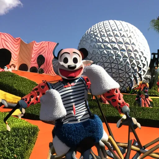 Prompt: photograph of danhausen on small world ride at epcot,