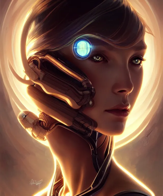 Prompt: futuristic android portrait, sci-fi, amber eyes, face, long hair, fantasy, intricate, elegant, highly detailed, digital painting, artstation, concept art, smooth, sharp focus, illustration, art by artgerm and greg rutkowski and alphonse mucha