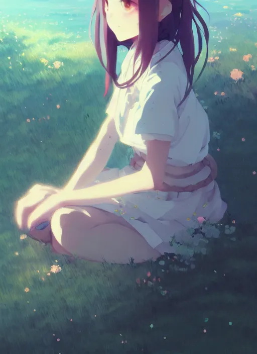 Image similar to portrait of cute girl, cloudy sky background lush landscape illustration concept art anime key visual trending pixiv fanbox by wlop and greg rutkowski and makoto shinkai and studio ghibli and gustav klimt