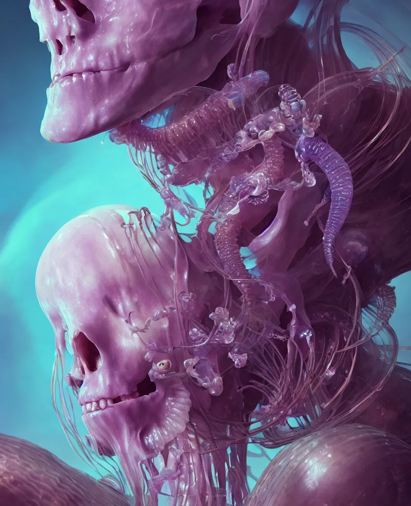 Prompt: goddess close-up portrait human skeleton, ram skull, jellyfish, orchid, betta fish, bioluminiscent, intricate artwork by Tooth Wu and wlop and beeple. octane render, trending on artstation, greg rutkowski very coherent symmetrical artwork. cinematic, hyper realism, high detail, octane render, 8k