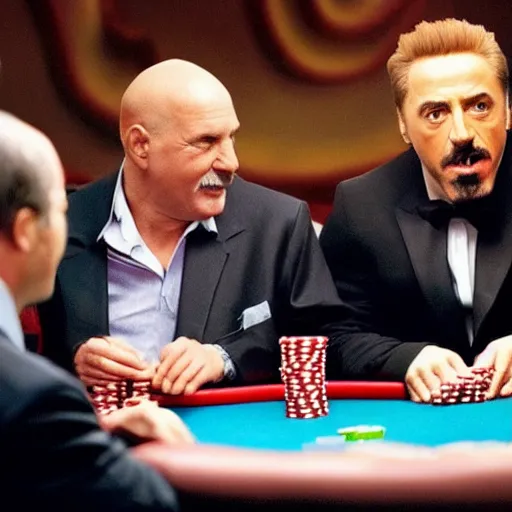 Image similar to Alexander Lukashenko playing poker with John Cena, Robert Downey Jr. and Al Pacino, cinematic still