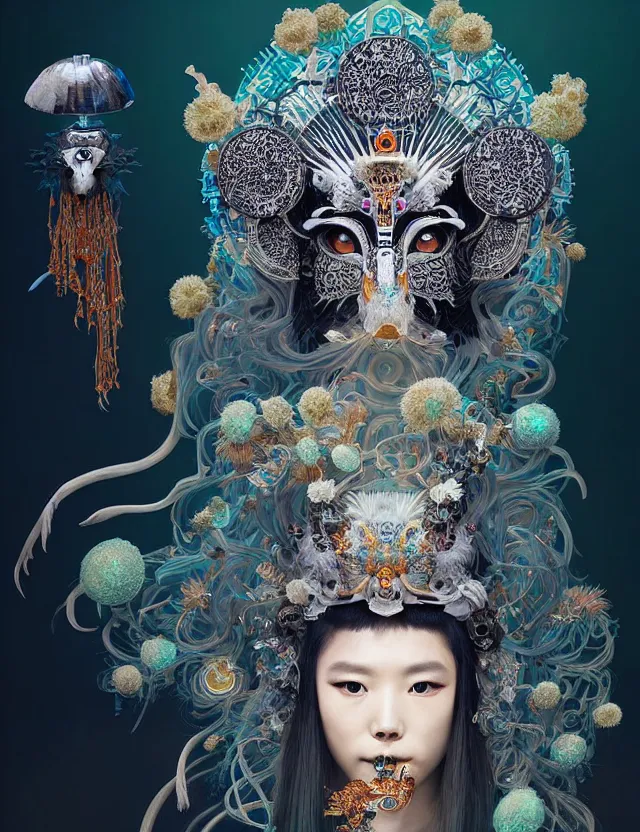 Image similar to goddess portrait with mask and crown made of ram skull. beautiful intricately detailed japanese crow kitsune mask and clasical japanese kimono. betta fish, jellyfish phoenix, bioluminescent, plasma, ice, water, wind, creature, super intricate ornaments artwork by tooth wu and wlop and beeple and greg rutkowski