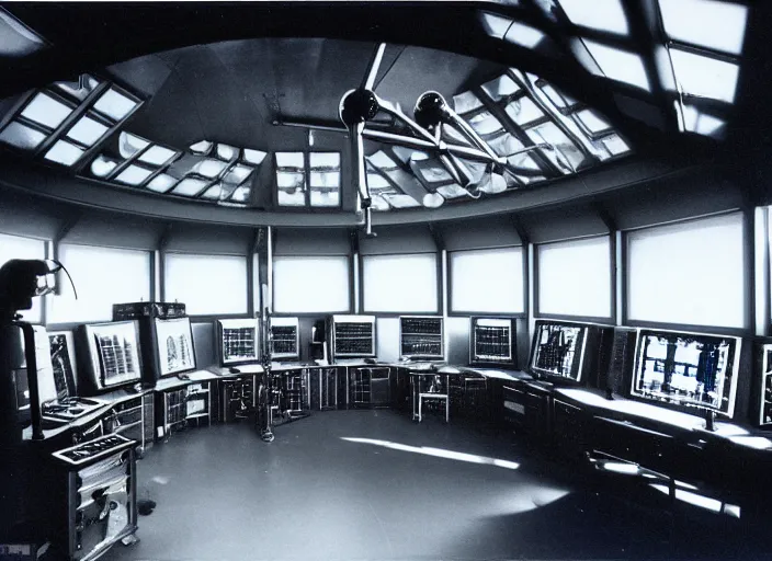 Prompt: realistic photo interior of the spacious chrome metal polished sci - fi medieval expensive room observatory scientific interior with dozens of computers and displays 1 9 9 0, life magazine reportage photo