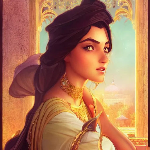 Prompt: beautiful young princess jasmin closeup, palace background, d & d, fantasy, elegant, highly detailed, digital painting, artstation, concept art, matte, sharp focus, illustration, art by artgerm and greg rutkowski and alphonse mucha