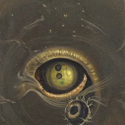 Prompt: an gothic, cosmic horror eyeball made out of hundreds of smaller eyeballs in a dark, atmospheric painting