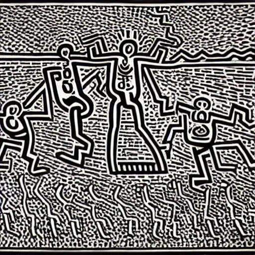 Prompt: outlaws and outsiders turn their back to the current society and create a new world in the style of keith haring