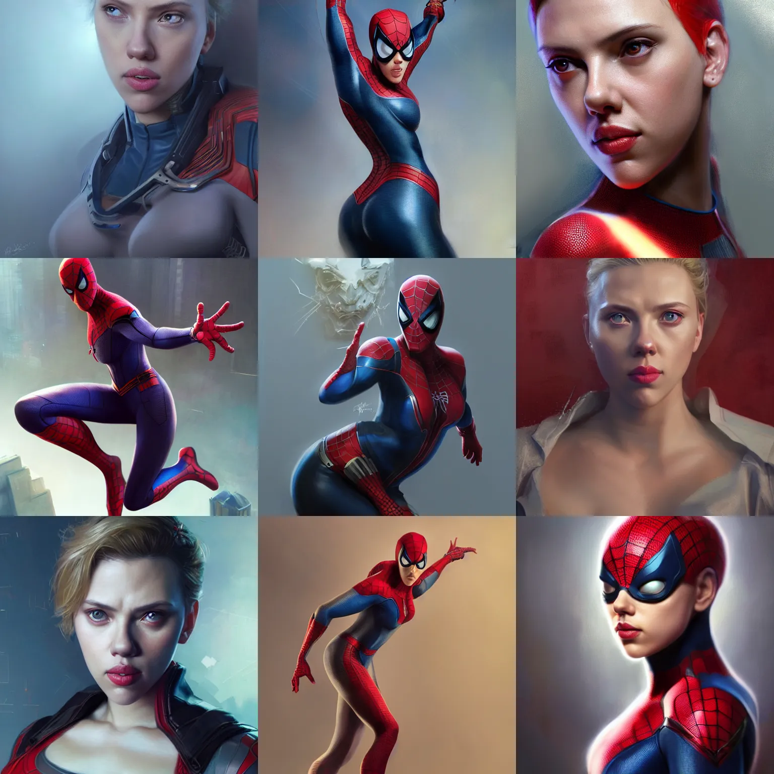 Prompt: scarlett johansson as spiderman, 3 d render, hyper - realistic detailed portrait, ruan jia, wlop. scifi, fantasy, magic the gathering, hyper detailed, octane render, concept art, peter mohrbacher