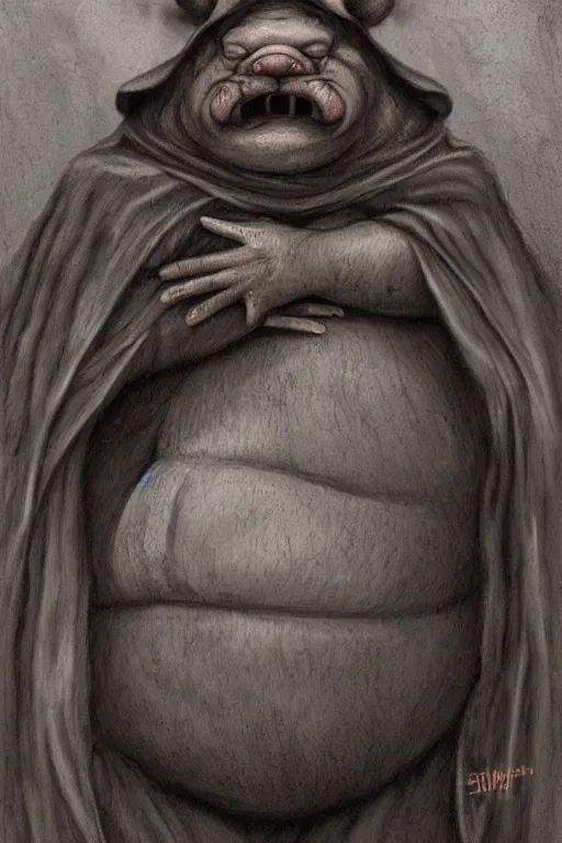 Image similar to a obese gray sniveling rat person wearing a decaying brown cloak, painting by ed binkley