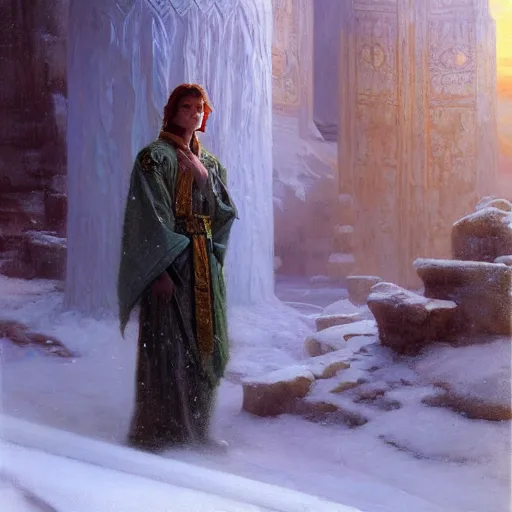 Prompt: a young, androgynous wizard with beautiful robes in an arctic temple, highly detailed painting by gaston bussiere, craig mullins, j. c. leyendecker, 8 k