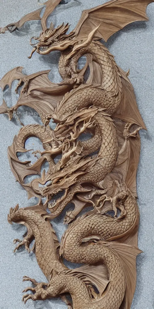 Image similar to Woodcarving of dragon with beautiful giant waves