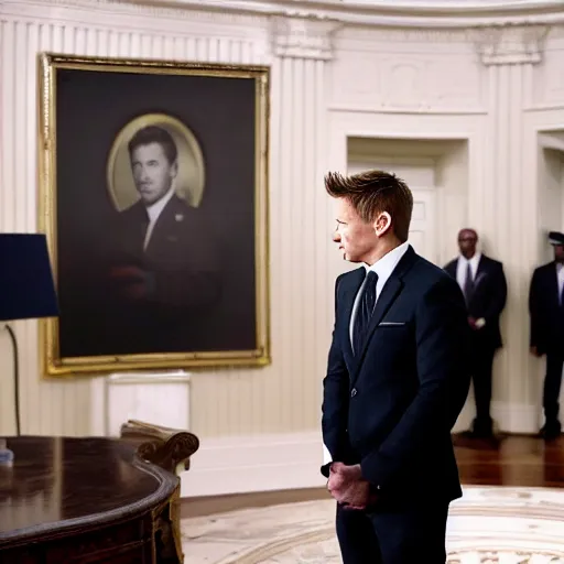 Image similar to jeremy renner as a security guard for the white house, photorealistic, cinematic lighting