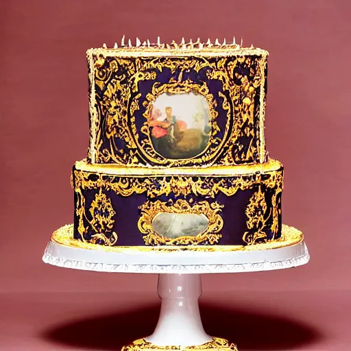 Image similar to photograph of a fancy baroque cake from 1970's cookbook in color